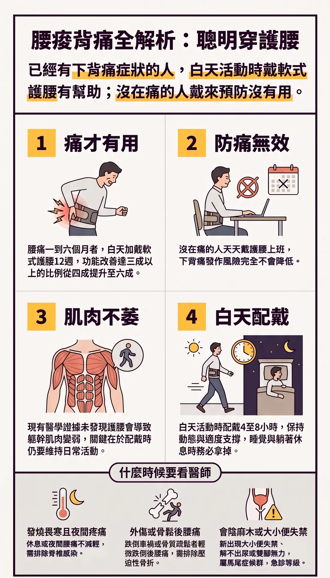護腰懶人包，標題「腰痠背痛全解析：聰明穿護腰」。一句答案：已經有下背痛症狀的人，白天活動時戴軟式護腰有幫助；沒在痛的人戴來預防沒有用。四格重點：1 痛才有用——腰痛一到六個月的人白天加戴軟式護腰 12 週，功能改善三成以上的比例從四成提升到六成；2 防痛無效——沒在痛的人天天戴護腰上班，下背痛發作風險不會降低；3 肌肉不萎——目前證據沒有發現護腰會讓軀幹肌肉變弱，關鍵是戴著仍要維持日常活動；4 白天配戴——白天活動時戴 4 到 8 小時，睡覺與躺著休息時拿掉。最下方「什麼時候要看醫師」三項：發燒畏寒且休息或夜間痛不減輕（排除脊椎感染）、跌倒車禍或骨質疏鬆者輕微跌倒後腰痛（排除壓迫性骨折）、會陰麻木或新出現大小便失禁、解不出尿、雙腳無力（馬尾症候群，急診等級）。