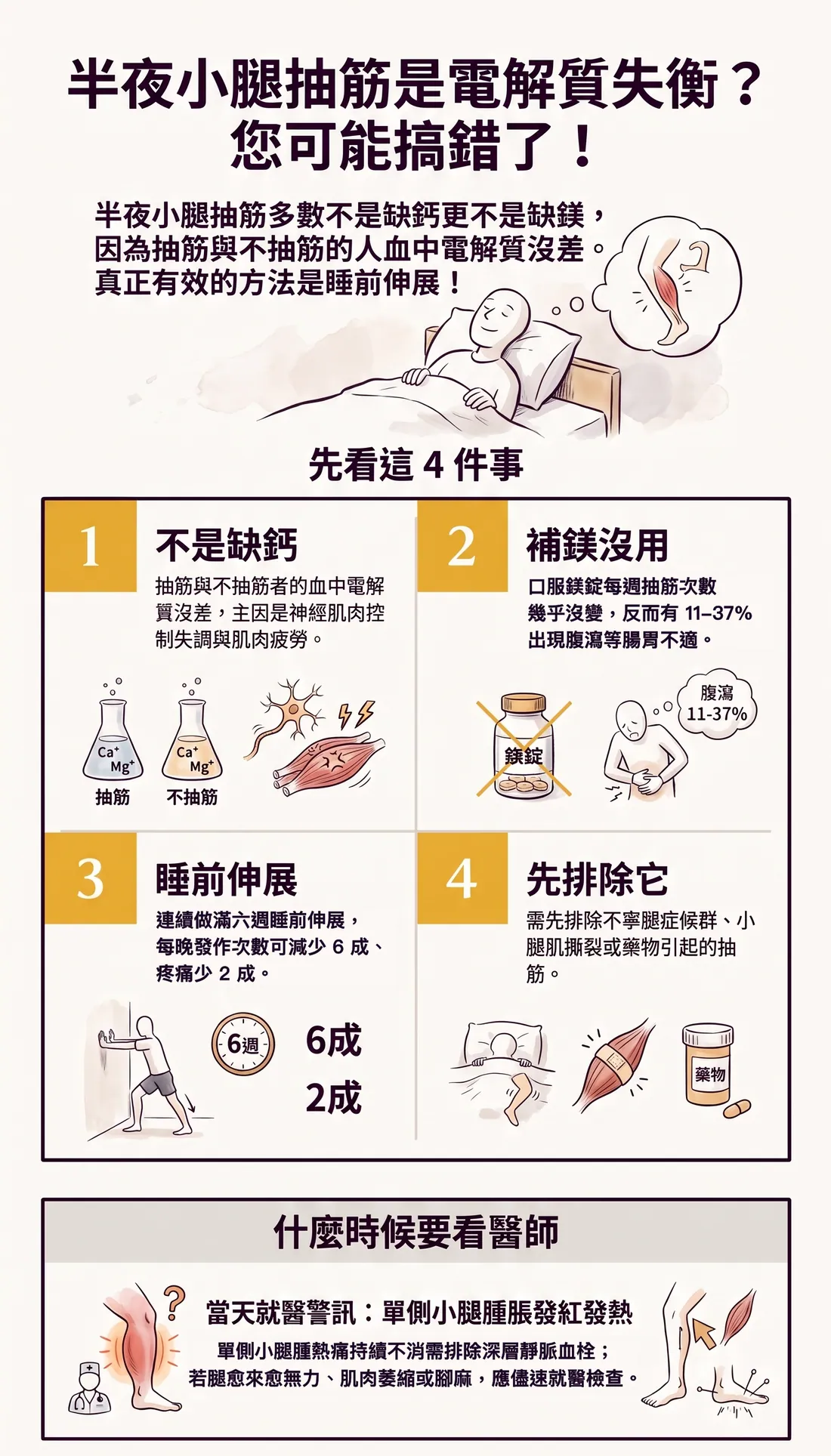 半夜小腿抽筋懶人包，標題問抽筋是不是電解質失衡。一句答案：多數不是缺鈣，更不是缺鎂，抽筋與不抽筋的人血中電解質沒差，真正有效的是睡前伸展。四格重點：1 不是缺鈣——主因是神經肌肉控制失調與肌肉疲勞，配圖是兩瓶電解質一樣的燒瓶；2 補鎂沒用——口服鎂錠每週抽筋次數幾乎沒變，反而有 11-37% 出現腹瀉；3 睡前伸展——連續做滿六週，每晚發作次數減少 6 成、疼痛少 2 成，配圖是雙手扶牆拉小腿；4 先排除它——不寧腿症候群、小腿肌撕裂、藥物引起的抽筋。最下方「什麼時候要看醫師」：單側小腿腫脹發紅發熱、痛一直不消，要當天就醫排除深層靜脈血栓；腿愈來愈無力、肌肉萎縮或腳麻，要儘速就醫。